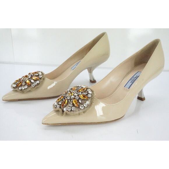 Prada Nude Patent Beaded Broach Mid Heel Pointy Toe Pumps - Picture 5 of 12